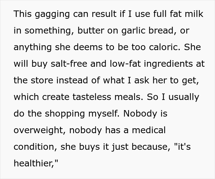 Text on dietary complaints about using low-fat ingredients instead of full-fat options for tasteless meals.