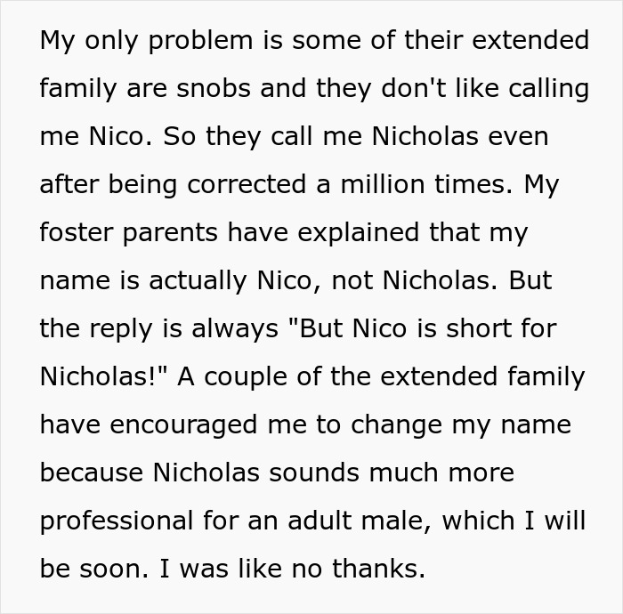 Text about a teen frustrated with extended family refusing to use his real name, Nico, instead calling him Nicholas.