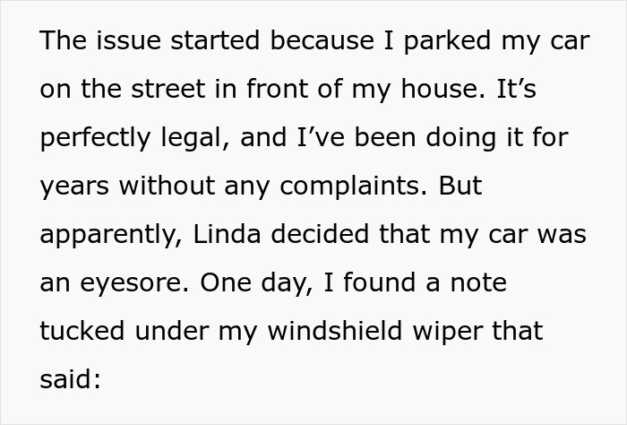 Text about parking issues with a neighbor's complaint note on the car windshield.