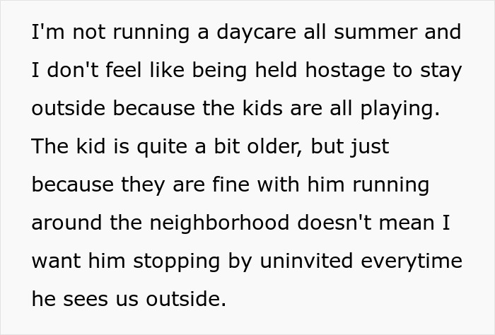 Text expressing concerns about kids playing alone in the neighborhood during summer.