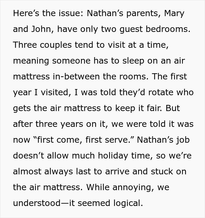 Text explaining a couple's frustration with always sleeping on an air mattress during family holidays.