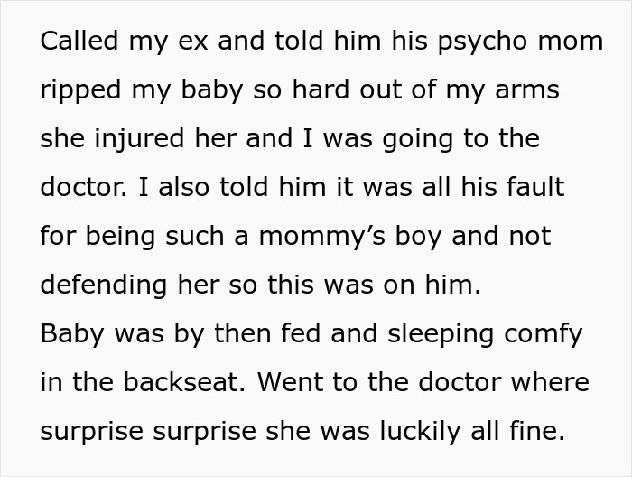 Text about a mother confronting an ex-partner regarding his mom's rough handling of her baby, resulting in a doctor's visit.