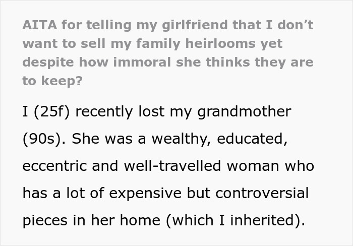 GF Insists Lady Sell Her Family Heirlooms ASAP As They Are Immoral To Keep, But She’s Hesitant