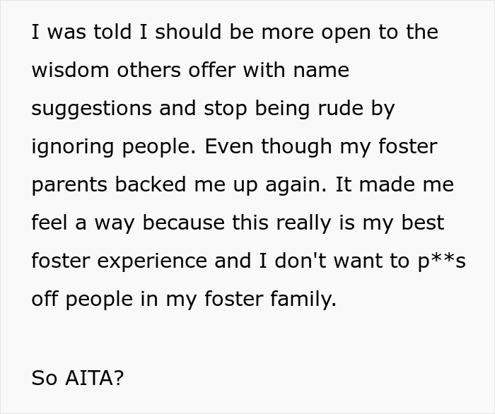 Text discussing a teen frustrated with family not using his real name, causing tension despite foster parents' support.