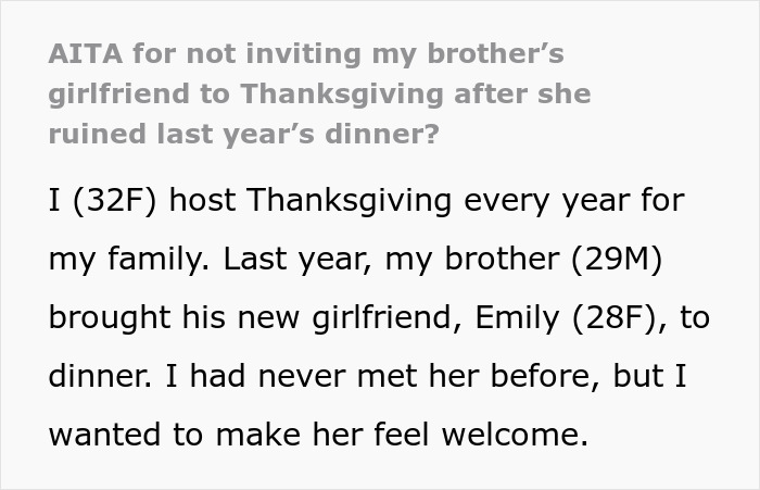 Woman Refuses To Invite Brother's GF To Thanksgiving: "She Rolled Her Eyes"