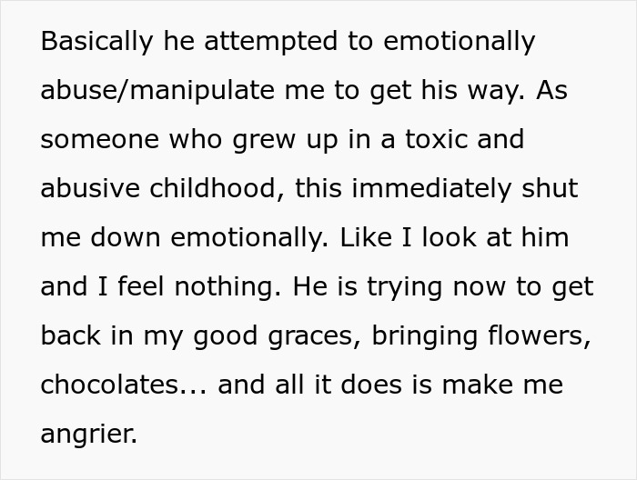 Text about a husband's attempted manipulation and the emotional impact it had.