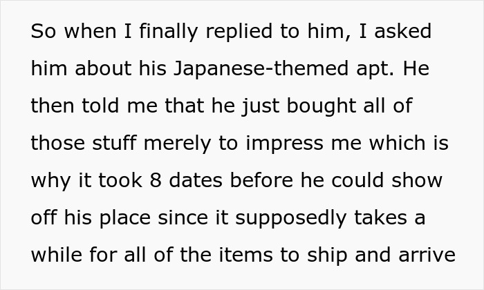 Text about a man decorating his apartment with Japanese culture to impress a woman.