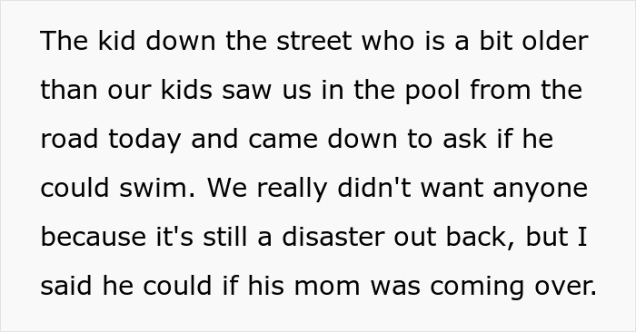 Text describing a neighborhood kid asking to join a pool swim with other kids.