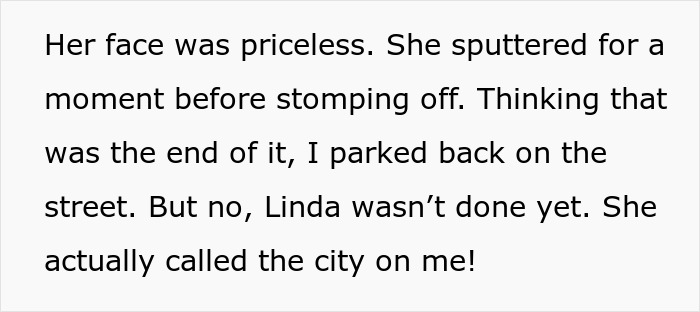 Text from a story about a neighbor complaining and calling the city over driveway parking.