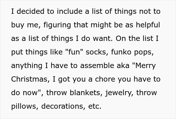 Text about a woman creating a Christmas anti-list to avoid fun socks and Funko Pops gifts.