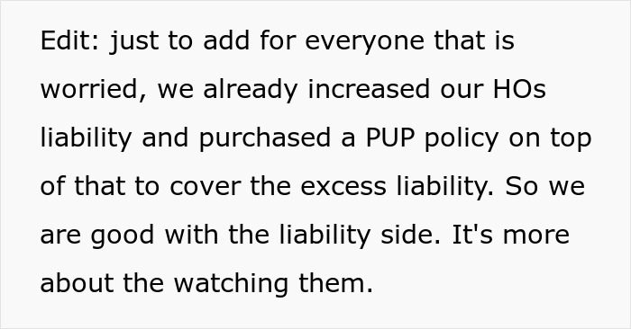 Text about kids alone by pool safety, mentioning increased liability coverage.