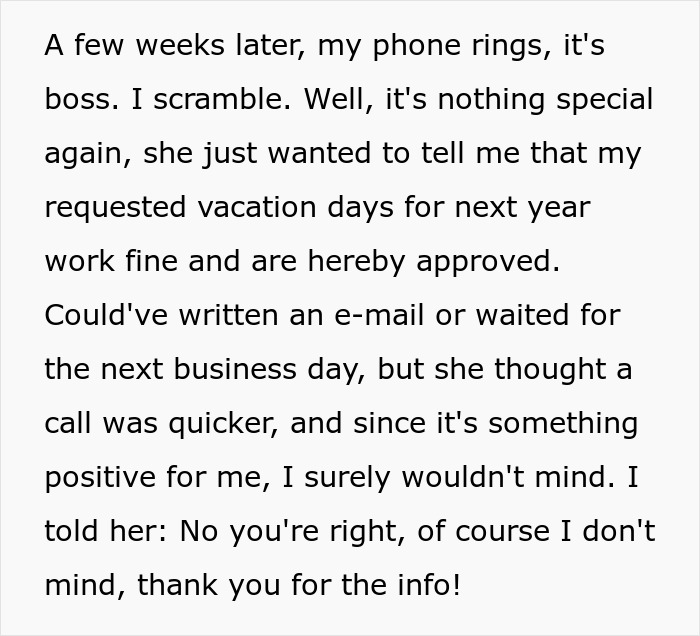 Text screenshot describing a conversation between a woman and her boss about approved vacation days.