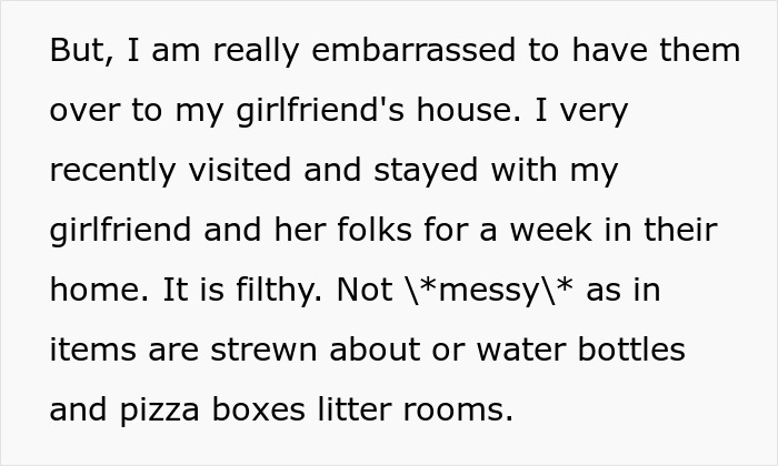 Text describes a boyfriend's embarrassment about his girlfriend's filthy house.