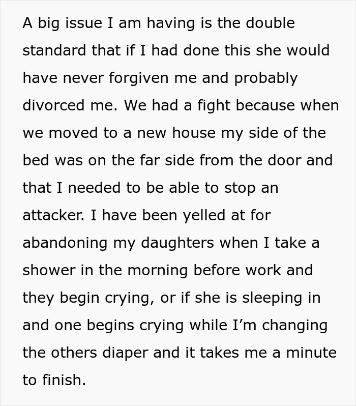 Text recounting concerns over double standards and parenting roles during a perceived home invasion scenario.