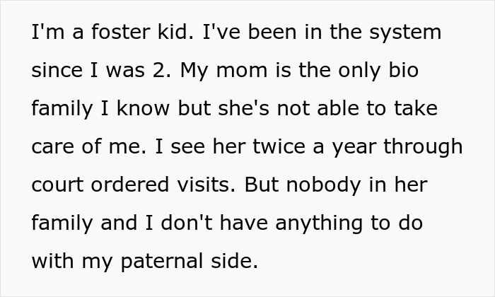 Text about a teen in foster care discussing family challenges and visits.