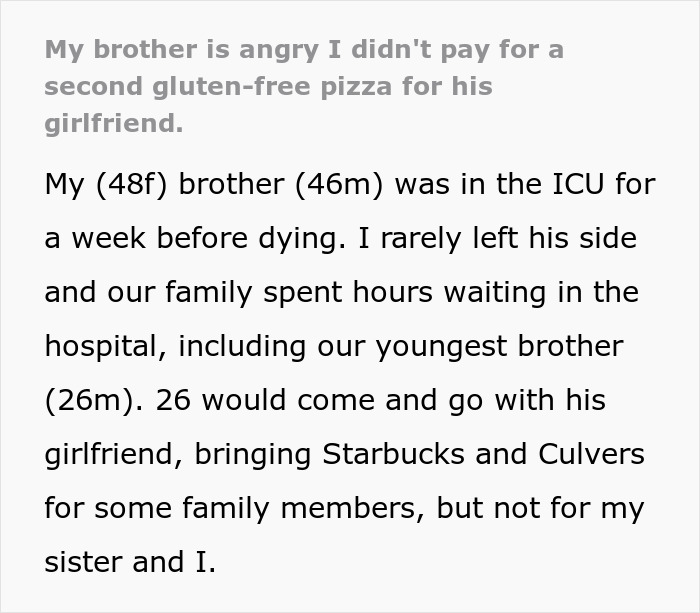 Text discussing a family's time in the ICU, brother upset over not paying for gluten-free pizza.