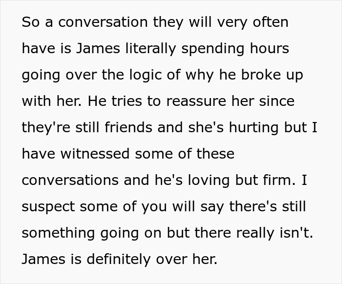 Text discussing James explaining his breakup, reassuring his ex, and maintaining friendship.