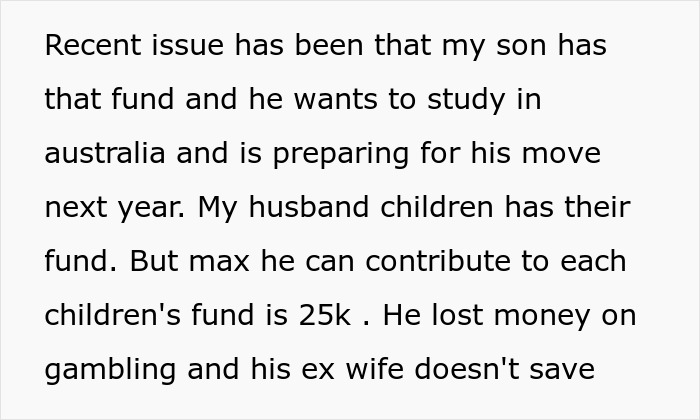 Text discussing college fund issues for bio son and stepkids' financial situation.