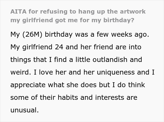 "A Homemade Peace Of Artwork": Guy Hates GF's Birthday Gift, Says It Makes Him Uncomfortable