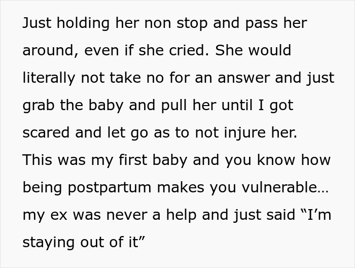 Text about a MIL persistently holding and passing around a crying baby, highlighting postpartum struggles.