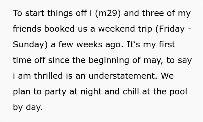 Text describing a man's weekend trip plans with friends for relaxation and partying.