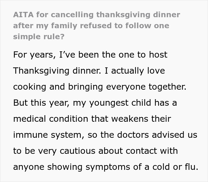 Family Refuses To Follow Simple Rule, Parent Cancels Thanksgiving: "I Was Overreacting"