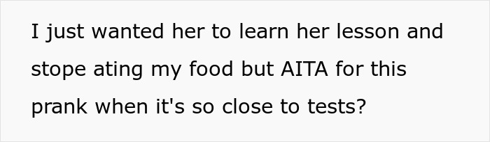 Text discussing a prank set for a food-thieving roommate before test time.