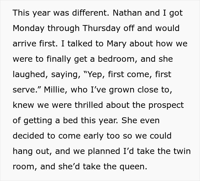 Text excerpt discussing holiday plans and room arrangements with family.