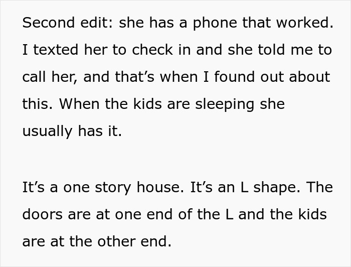 Text message about wife thinking there's an invasion, leaving twin babies in one-story L-shaped house.