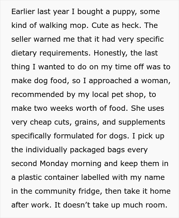 Woman Lets Lunch-Stealing Coworkers Eat Dog Food For 6 Months, Proudly Announces It During A Meeting