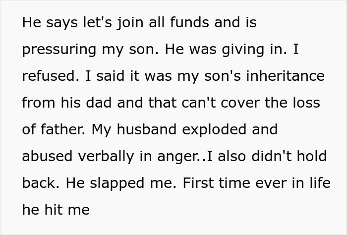 Text describing a mom's refusal to share her bio son's college fund amidst family conflict.