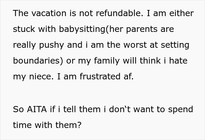 Babysitting frustration text about vacation with brother and sister-in-law at hotel.