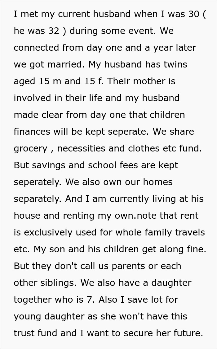 Text detailing a mom's firm stance on her bio son's college fund, highlighting separate finances for stepkids.