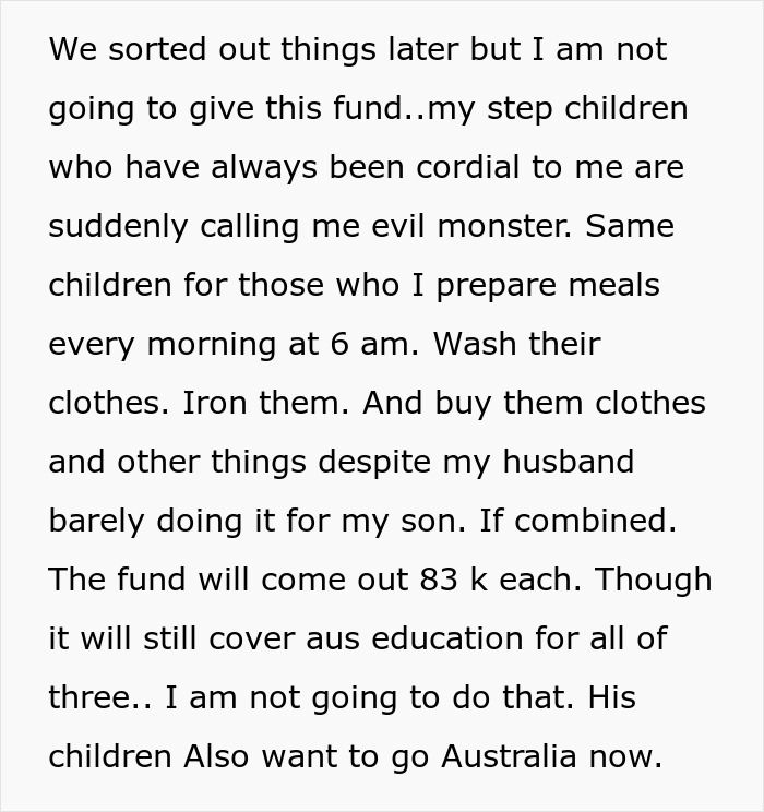 Text on a white background discussing a mom's refusal to share her son's college fund with her stepchildren.