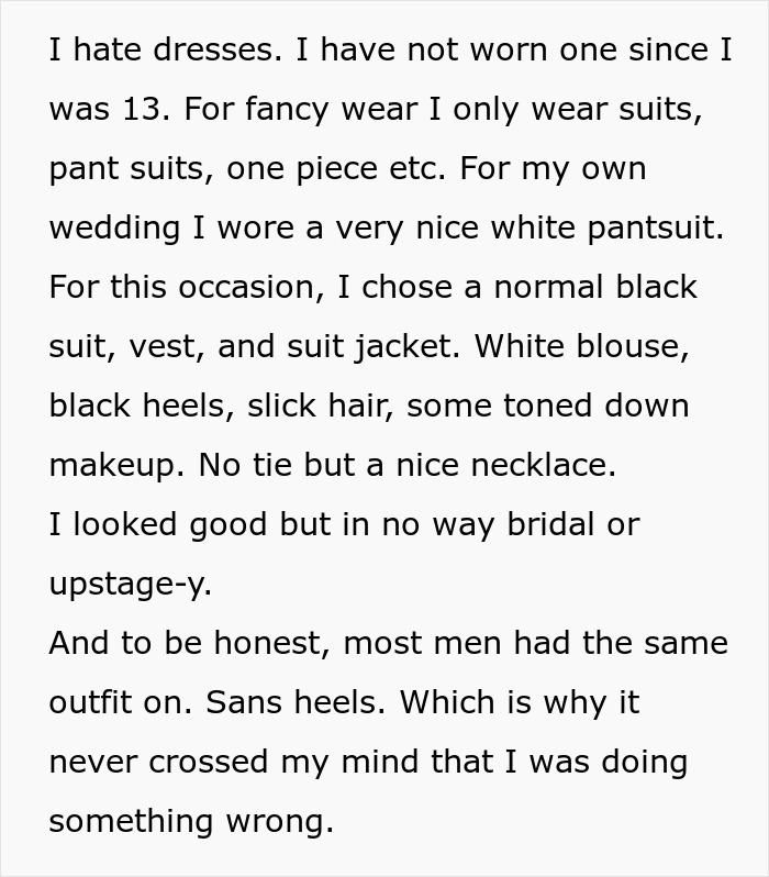 Woman Confused Why Brother Is Angry She Wore A White Blouse Under Her Black Suit To His Wedding