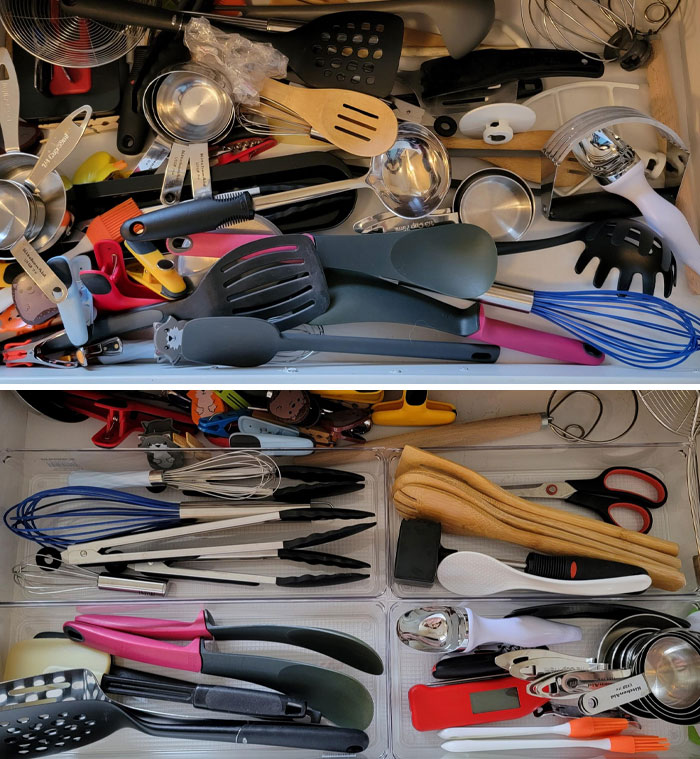 Before-after cleaning pictures of a kitchen drawer, showing organized utensils in separate compartments.