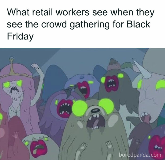 Cartoon creatures with glowing eyes resembling retail workers' view during Black Friday chaos, capturing funny meme essence.