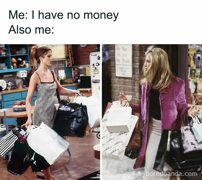 Woman carrying shopping bags in a humorous Black Friday meme about spending despite having no money.