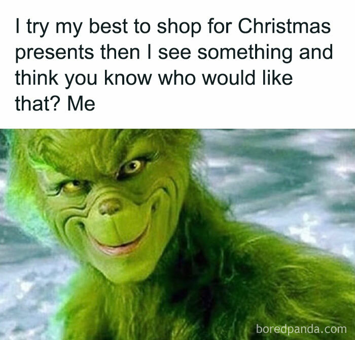 Funny Black Friday meme featuring the Grinch with a humorous caption about shopping for yourself.