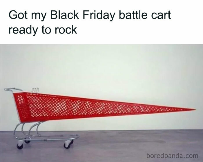 Funny Black Friday meme featuring an oversized shopping cart with text about being ready to shop.