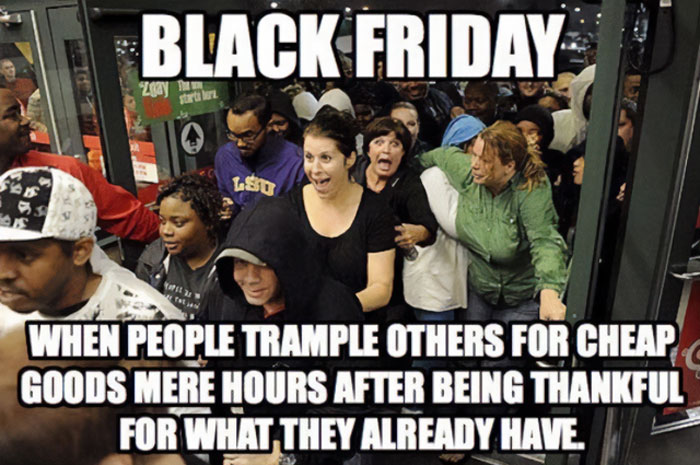 Funny Black Friday memes showing a crowd rushing into a store.