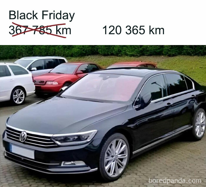 Black car parked with Black Friday discount showing reduced mileage, humorously highlighting Funny Black Friday Memes.