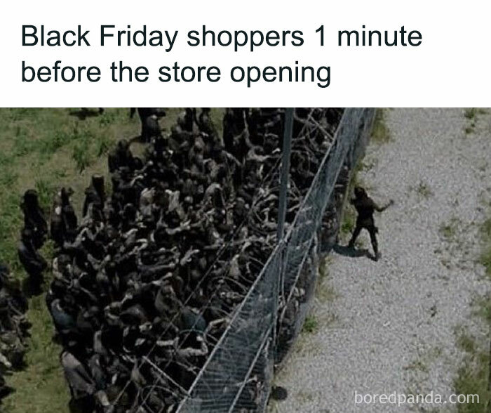 Funny Black Friday meme showing a crowd pressing against a fence, humorously comparing shoppers to a horde.