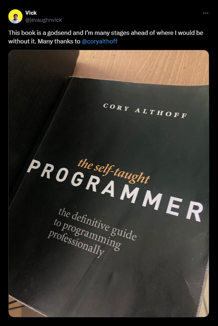 A Twitter post featuring the book "The Self-Taught Programmer" by Cory Althoff, Bobbi Althoff’s Husband described as a valuable resource for professional programming.