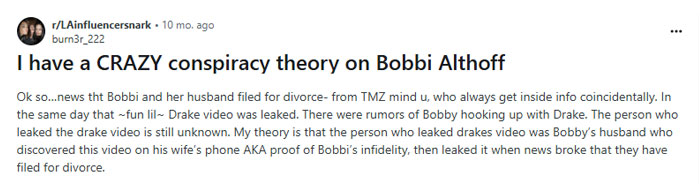 A screenshot of a Reddit post discussing a conspiracy theory about Bobbi and Cory Althoff, speculating on their rumored divorce and potential infidelity.