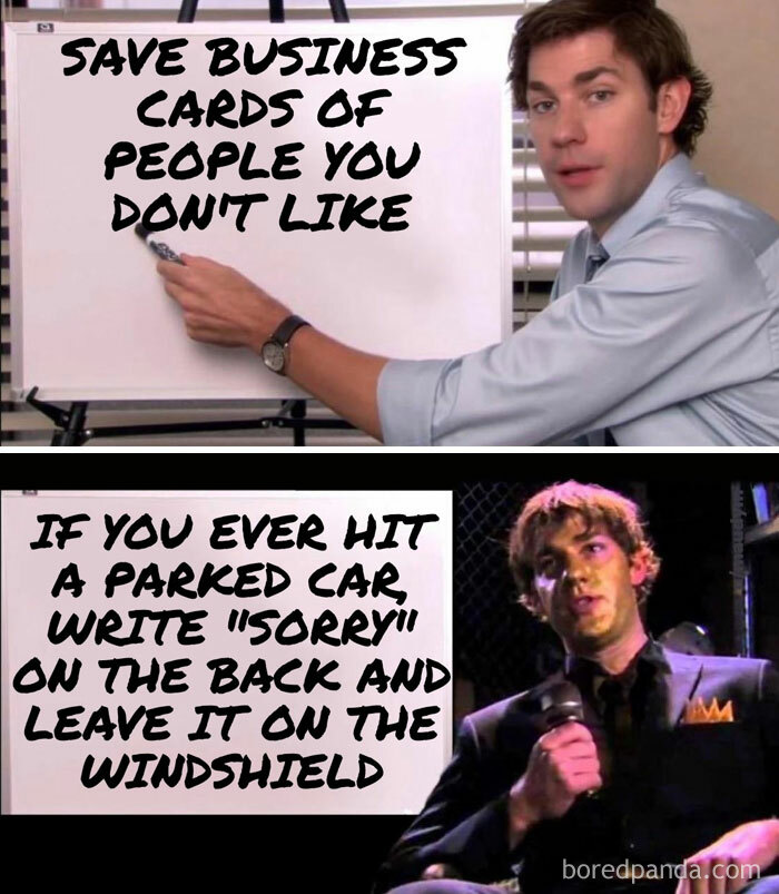 A car meme with a man on a whiteboard showing tips that say, "Save business cards of people you don't like," and "If you ever hit a parked car, write 'sorry' on the back and leave it on the windshield."