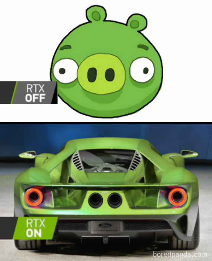 A car meme comparing a green cartoon pig labeled "RTX OFF" to the rear of a green sports car labeled "RTX ON."