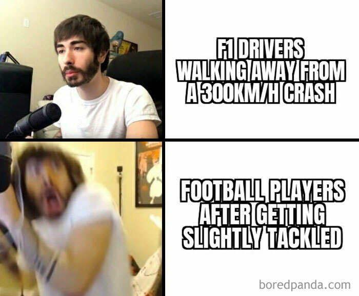 A car meme comparing calm F1 drivers walking away from a 300km/h crash with football players dramatically reacting to a light tackle.