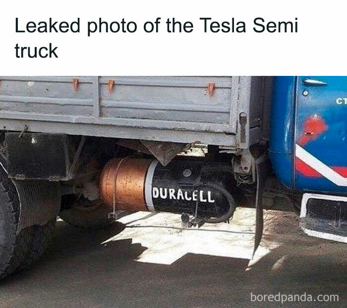 A car meme showing a truck with a large "Duracell" battery painted on its fuel tank, captioned "Leaked photo of the Tesla Semi truck."