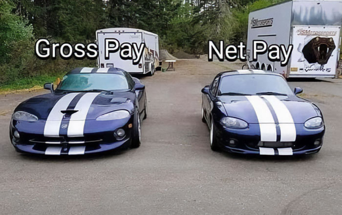 A car meme showing a larger sports car labeled "Gross Pay" and a smaller car labeled "Net Pay," humorously comparing income before and after deductions.